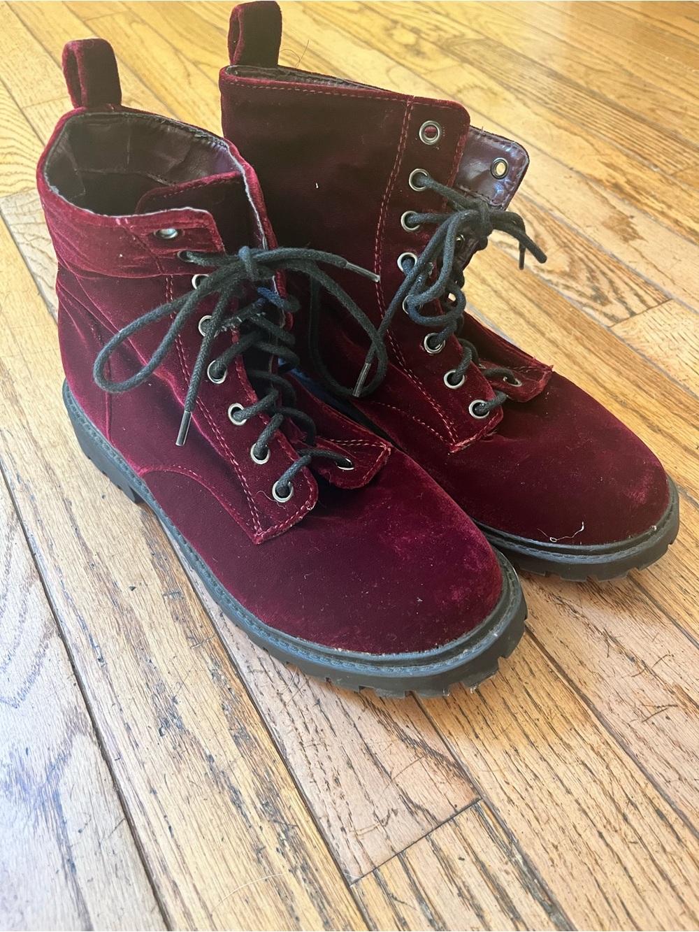 Women’s Velvet Lace-Up Combat Boots - Burgundy